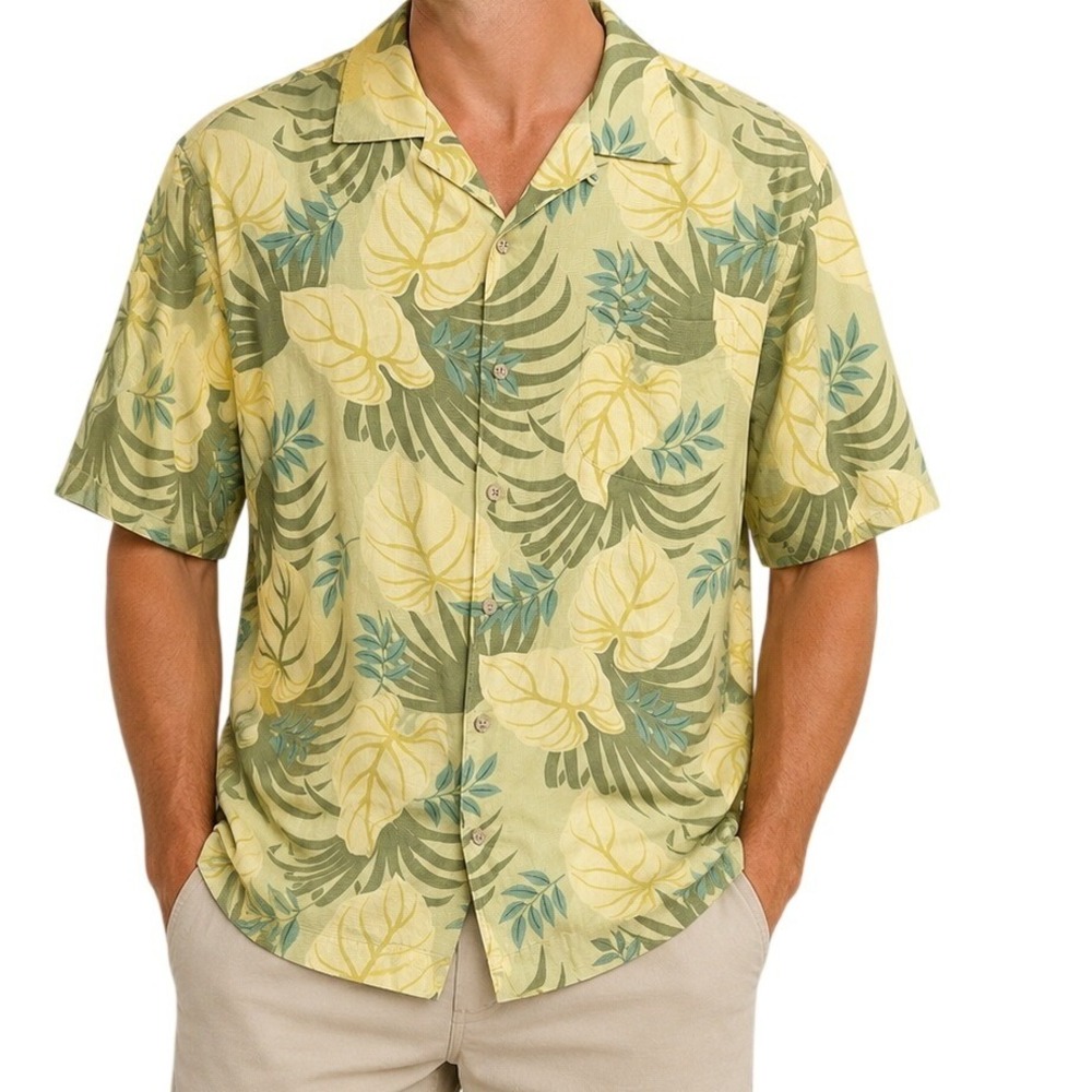 Tommy Bahama Yellow Green Tropical Palm Leaf Print Short Sleeve Shirt Men's XXL